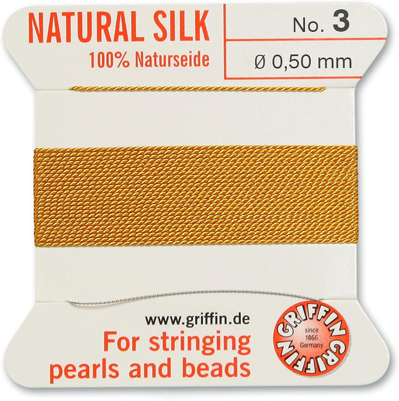 Griffin Silk Bead Cord Perlseide – Size 3 (0.50mm) – 2 Meters per Card – Stainless Steel Needle Attached – for Knotting Pearls, Gemstones, Crystals and Beads